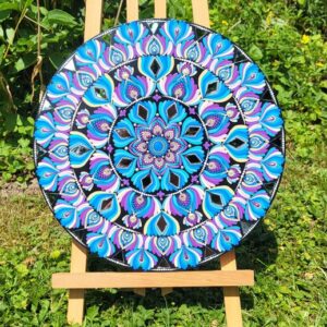 Mandala mit Spiegel auf Holz 30cm - Blau/Violett