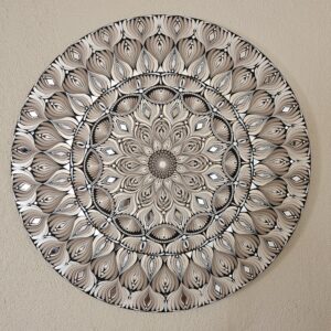 Grosse Leinwand mit braunbeigem Dot Mandala mit Spiegelelementen / 60cm Durchmesser